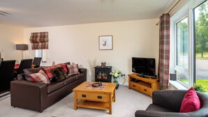 A living room with a sofa, a coffee table, a TV stand, and a fireplace. - 3 bedroom accommodation in Aviemore (Aviemore)