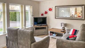 Un salon moderne avec des canapés gris, un téléviseur posé sur un meuble en bois et un miroir au mur.