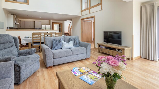 A spacious living area with a grey sofa, a wooden coffee table, and a TV. A dining area is visible in the background with a wooden table and chairs. - Largo Lodge - UKC5801 (Lundin Links)