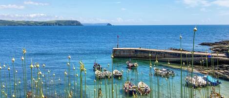 A coastal scene with boats docked at a pier, clear water, and rocky shoreline.
