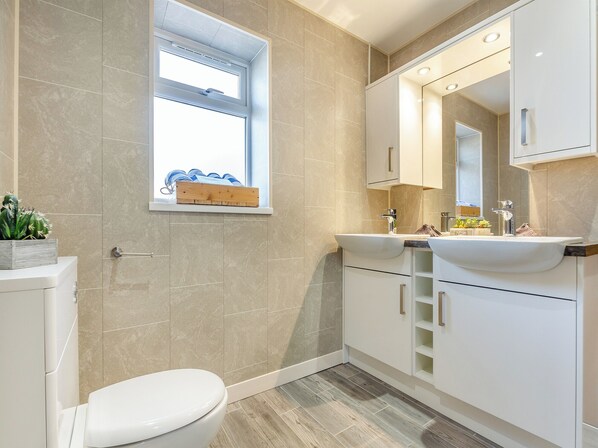 A modern bathroom with a toilet, a shower, and a vanity with a sink and mirror. - Branwen Cottage - UKC6122 (Pentraeth)