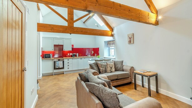 Un amplio salón con techo alto y vigas de madera a la vista, una cocina moderna con detalles rojos y un rincón de descanso acogedor con sofá y reposapiés.