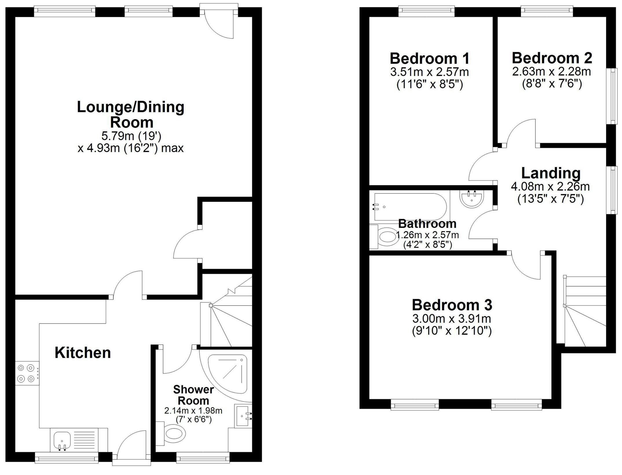 A floor plan of a hotel with a lounge/dining room, kitchen, shower room, and three bedrooms.