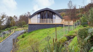 A modern house with a curved roof, a wooden deck, and a large window.