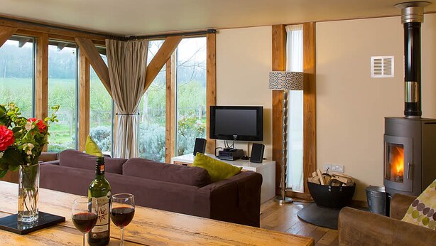 A cozy living room with a sofa, a wooden table with wine glasses, a television, and a wood-burning stove. - 2 bedroom accommodation in Holbeton (Holbeton)