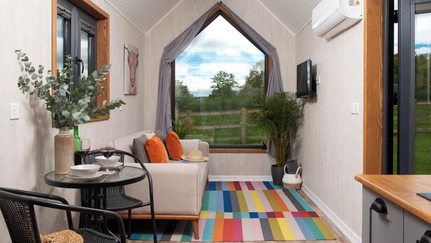 A cozy room with a sofa, a dining table, and a colorful rug. - Little Dunley Cottages - Tiny House (Bovey Tracey, near Newton Abbot)