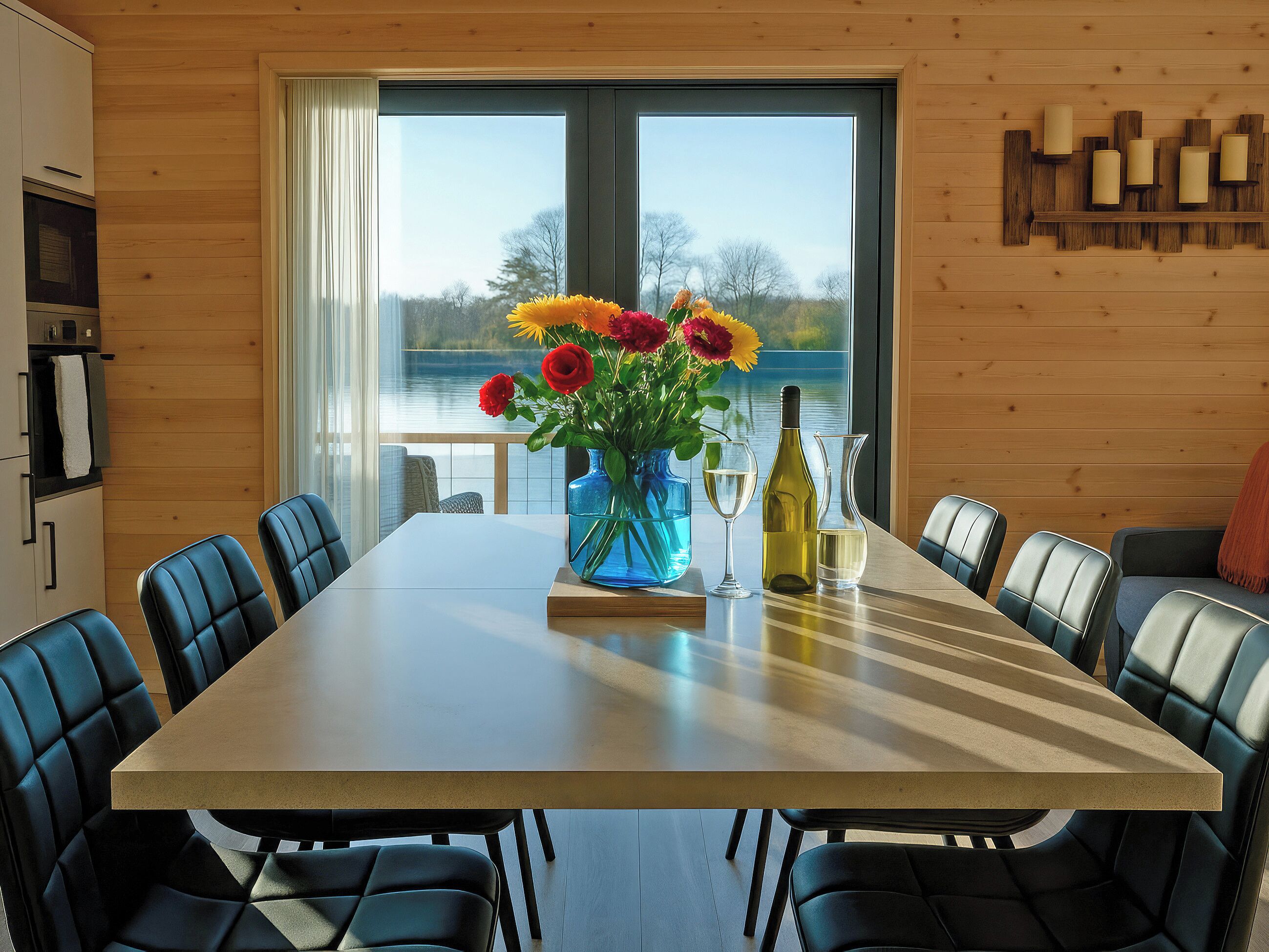 Un coin repas comprenant une table, des chaises, un vase avec des fleurs et une vue sur un lac, visible à travers de grandes fenêtres.