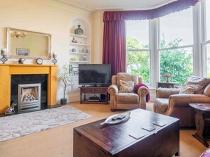 Ein Wohnzimmer mit Kamin, Fernseher und zwei Sofas.
