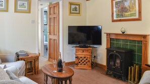 A cozy living room with a television, fireplace, and a door leading to another room. - 2 bedroom accommodation in Winfrith Newburgh (Winfrith Newburgh)