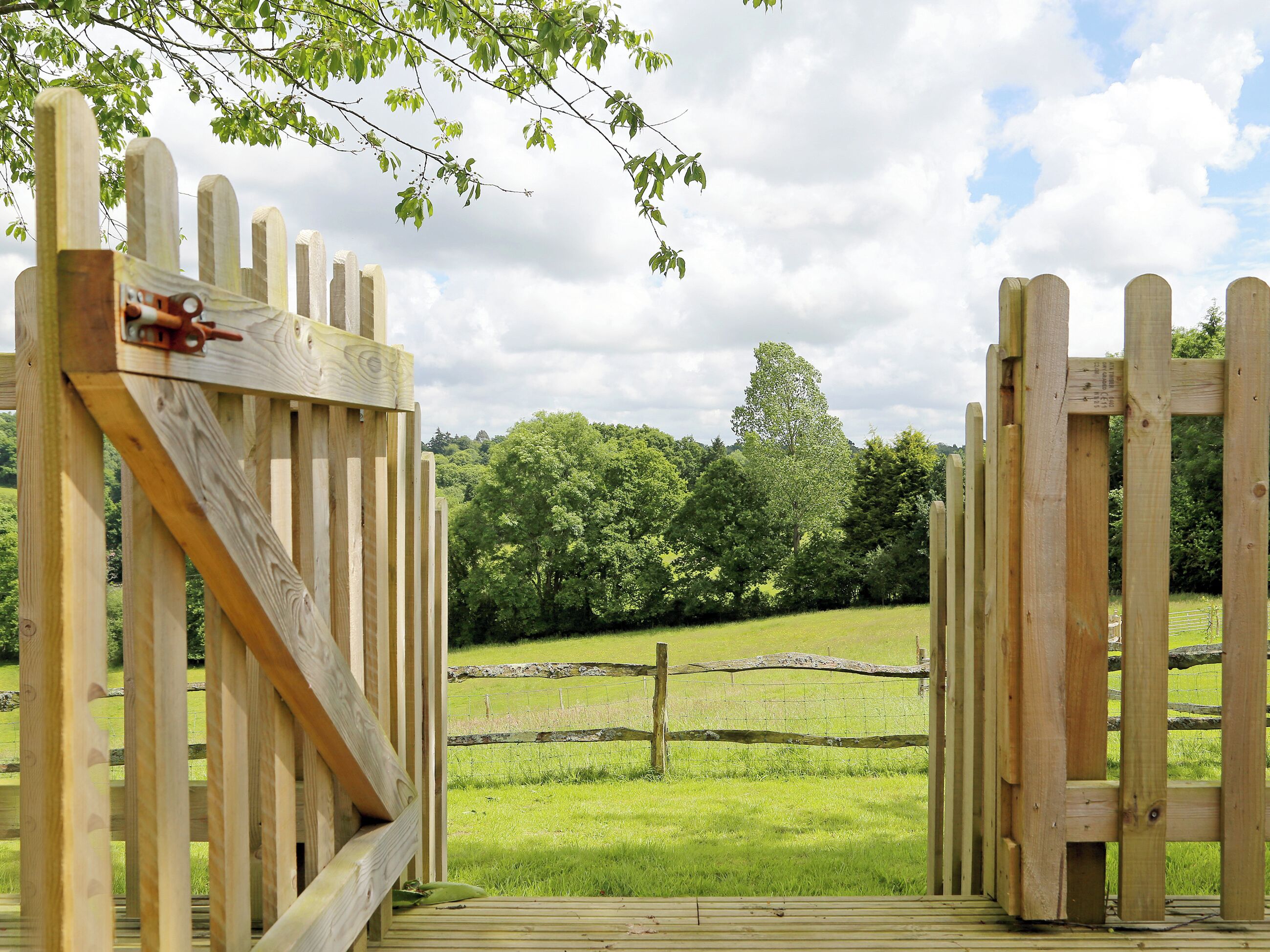 A wooden gate leading to a grassy field with trees in the background.