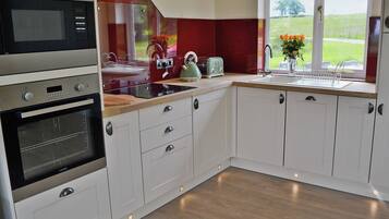 A kitchen with white cabinets, a microwave, an oven, a sink, and a window with a view of a green field.