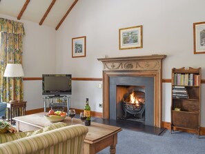 TV, fireplace - Jock Scott Cottage-UK5701 (By Dunkeld, Pitlochry)