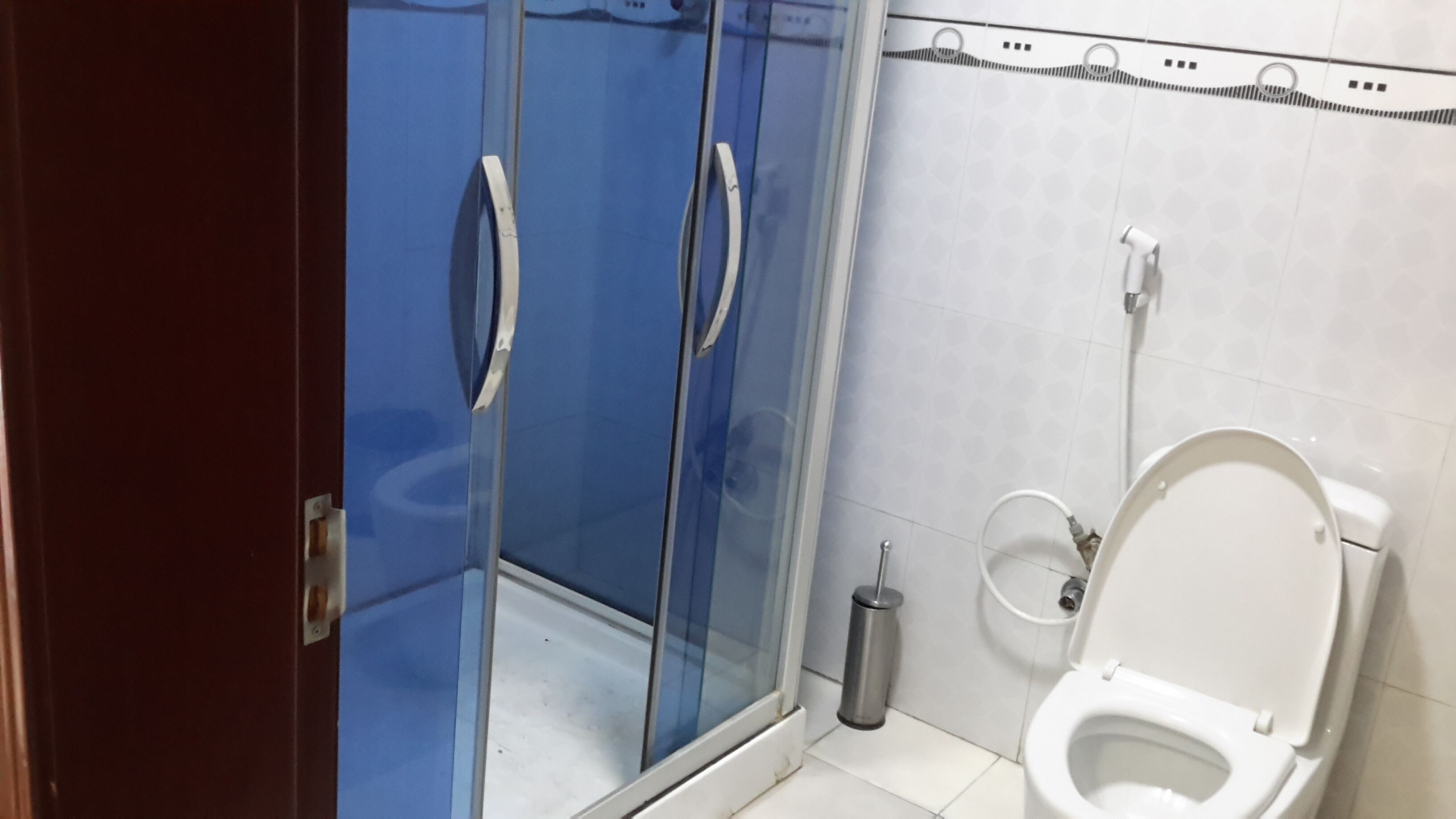 A bathroom with a glass shower enclosure, a toilet, and a trash bin.