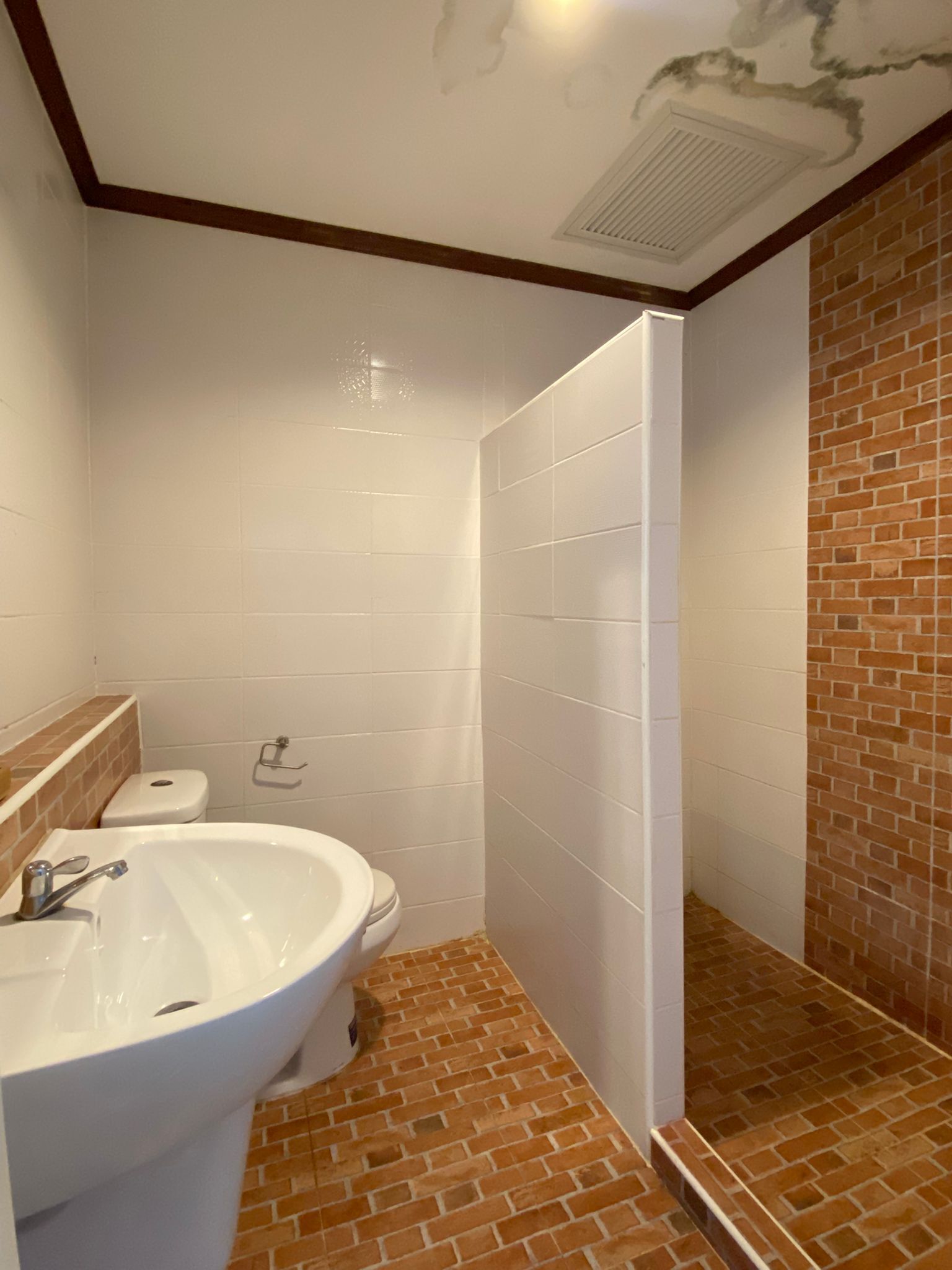 A bathroom with a white sink, toilet, and shower area.