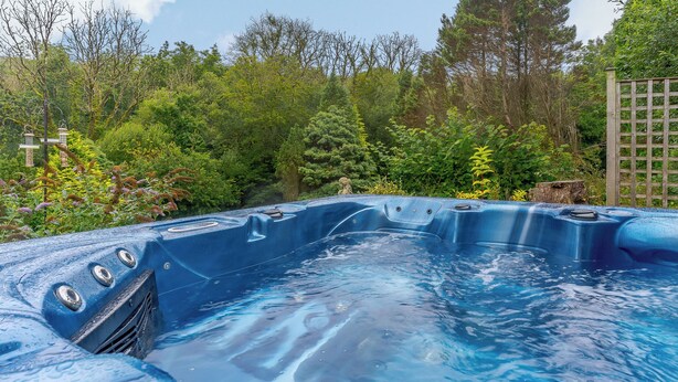 A hot tub surrounded by lush greenery and a wooden fence. - Ivy Cottage - UK35243 (Llanfyrnach)