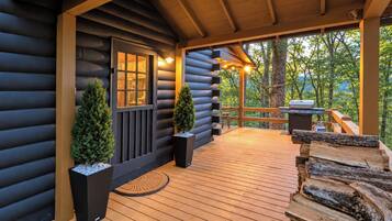 A log cabin with a wooden deck, a door with glass panels, and two potted plants.