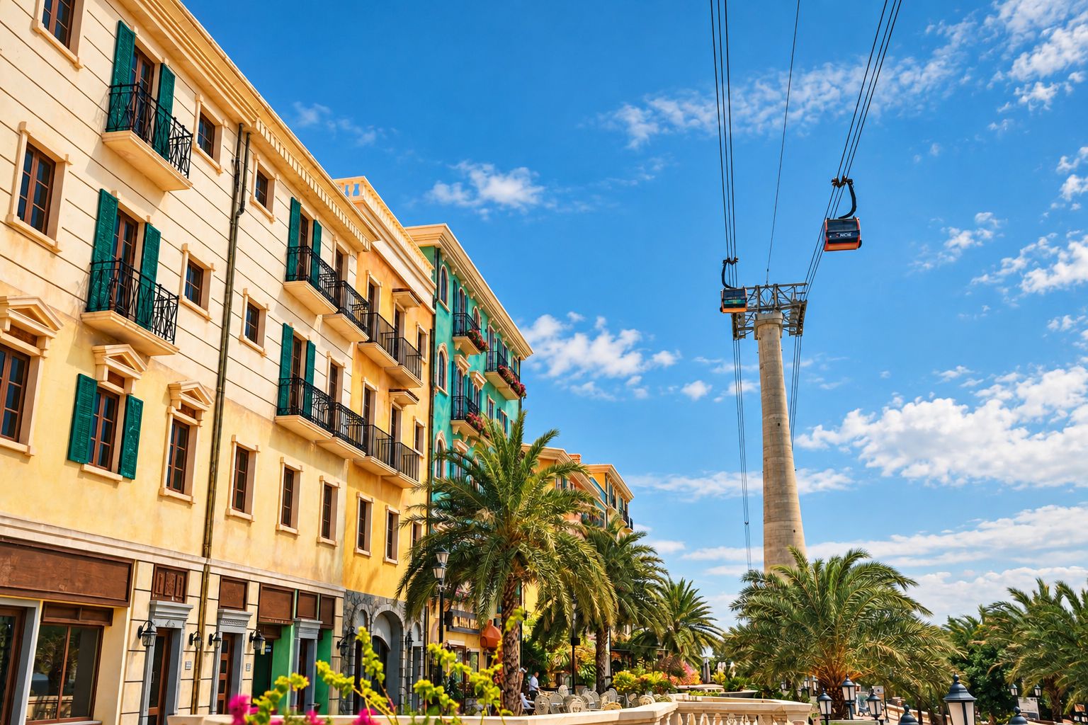 A multi-story building with balconies, a cable car system, and palm trees.