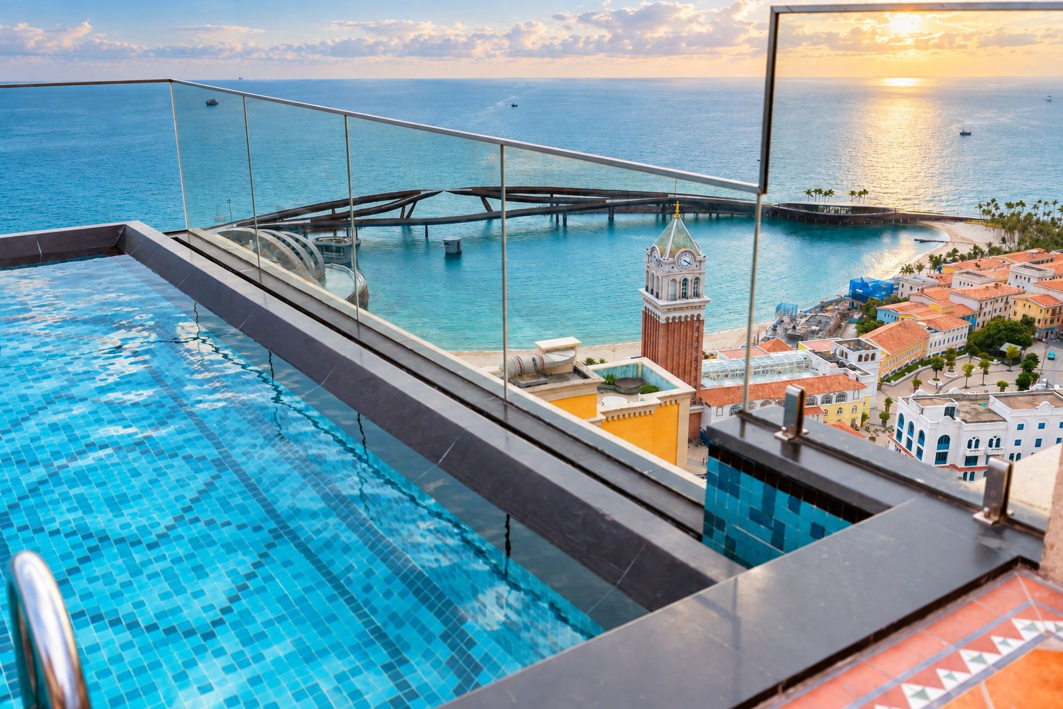 Piscina com guarda-vidro de vidro e vista para uma paisagem urbana costeira, incluindo uma torre do relógio imponente.