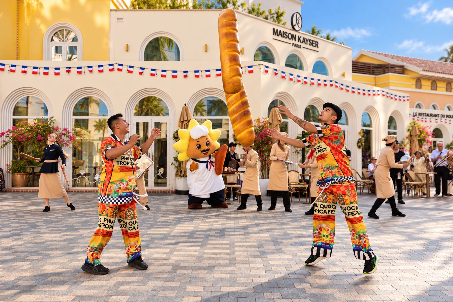 A lively outdoor scene with performers in colorful costumes, a large baguette, and a building with the sign 'MAISON KAYSER PARIS'.