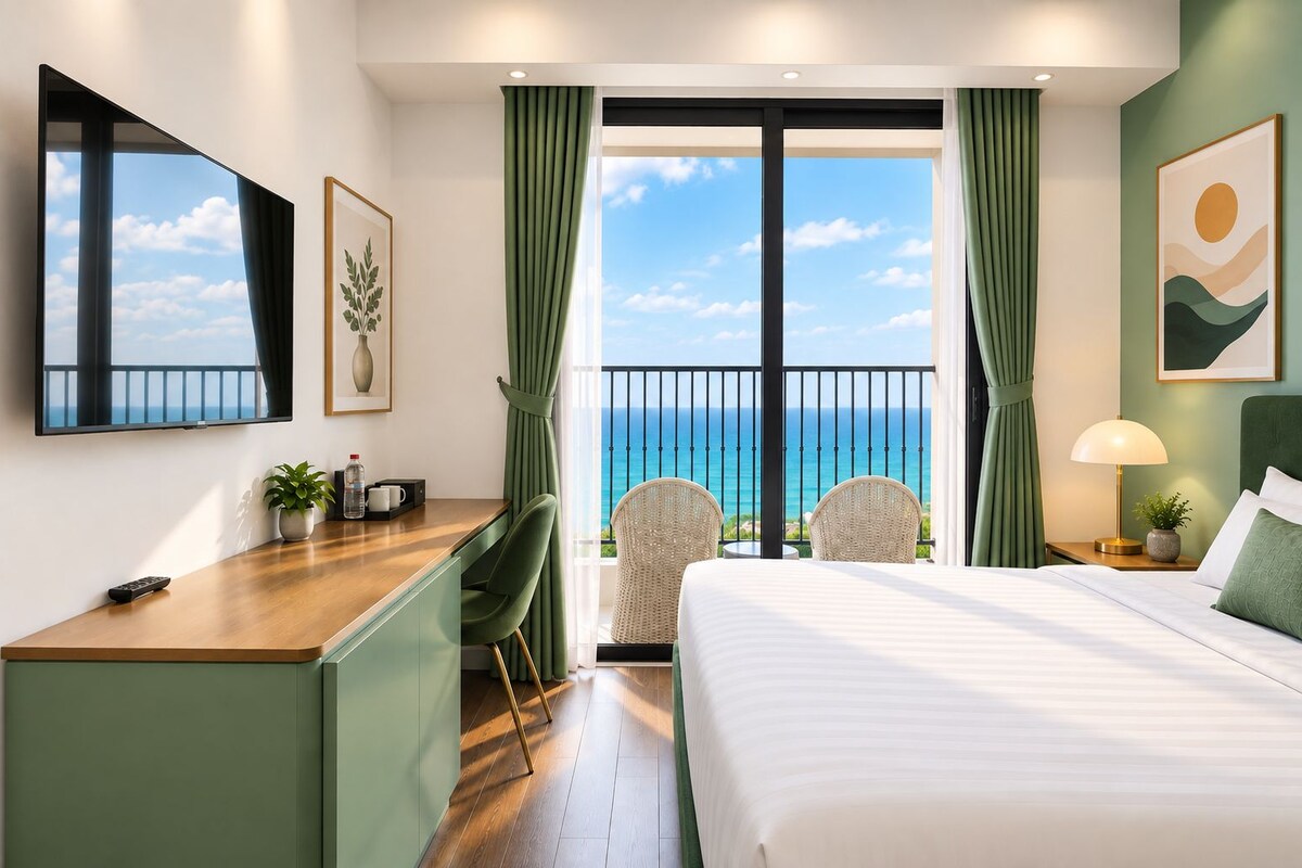 Estudio Deluxe, balcón, vista a la playa | Ropa de cama de alta calidad, camas con efecto memoria y minibar 