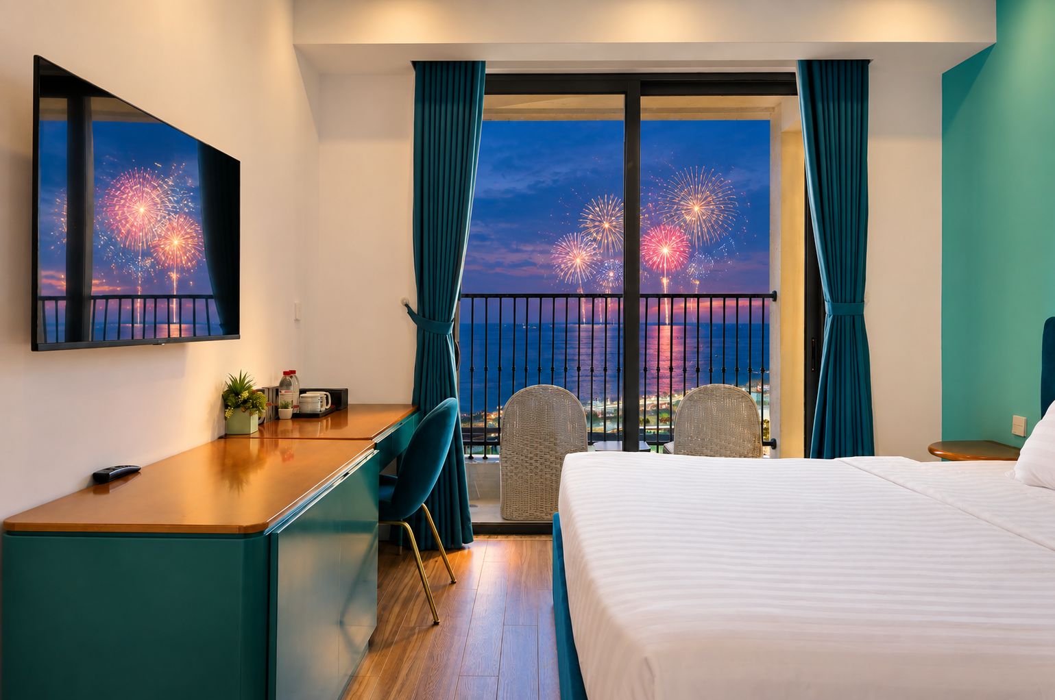 A hotel room with a balcony, a bed, a desk, and a TV.