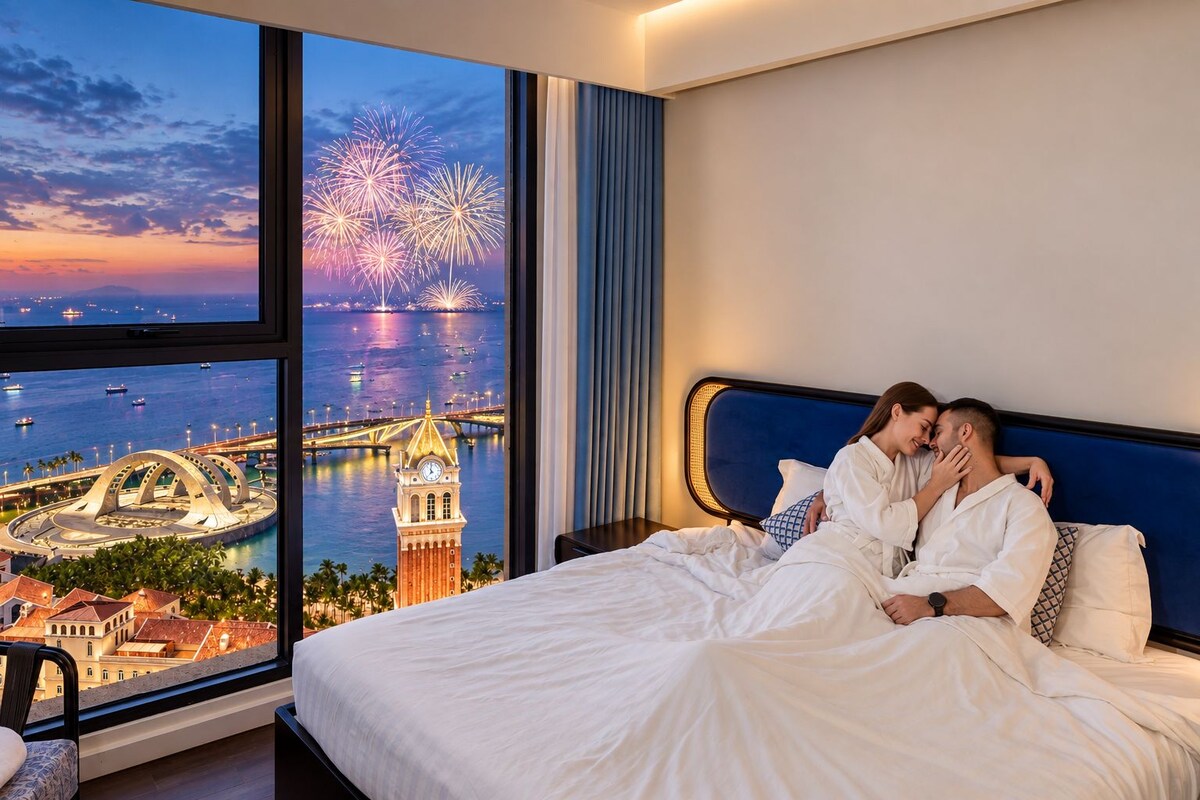 Departamento Deluxe, 3 habitaciones, balcón, vista al océano | Ropa de cama de alta calidad, camas con efecto memoria y minibar 