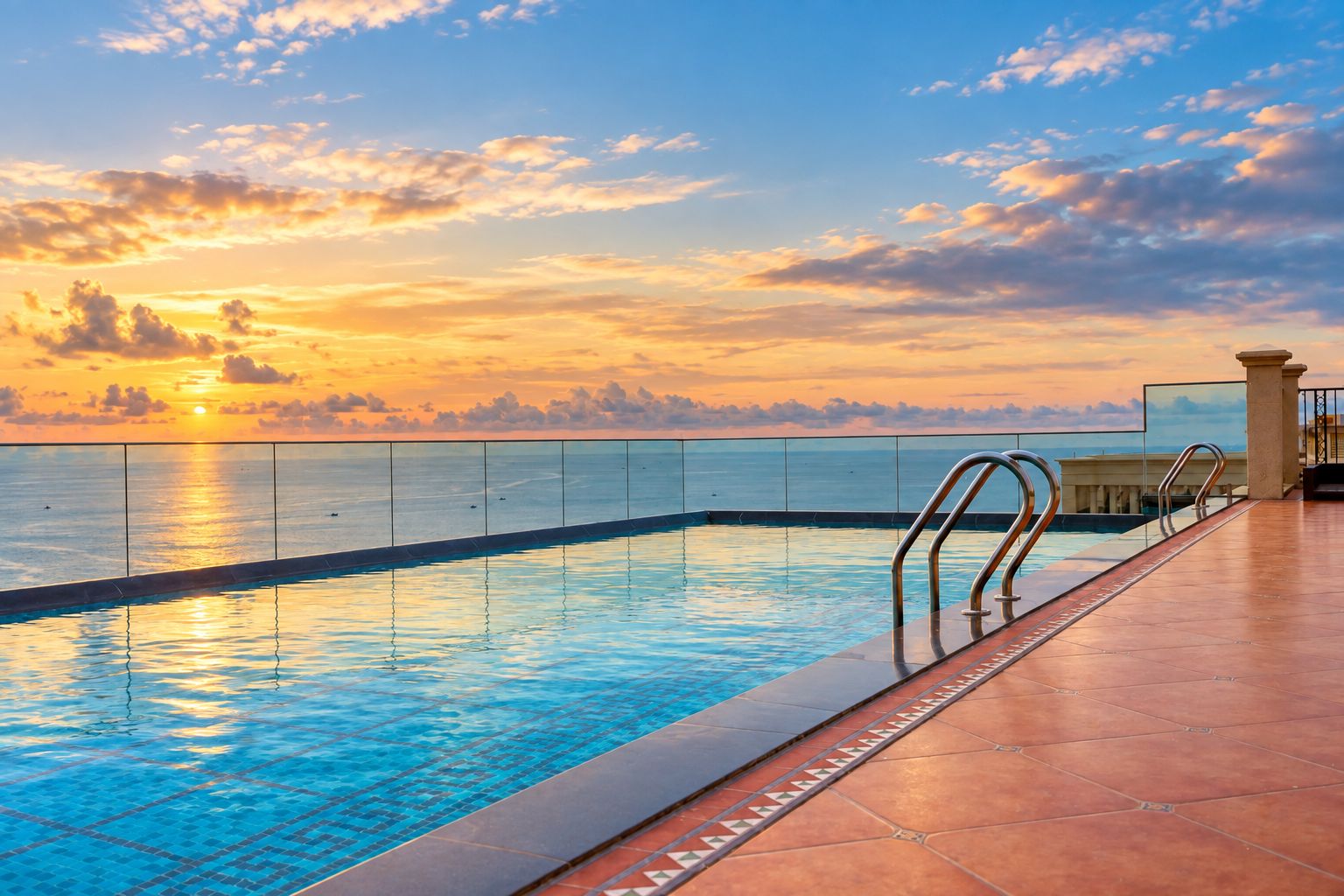 Piscina com vista para o pôr do sol sobre o oceano, deck revestido de azulejos e guarda-corpo de metal.
