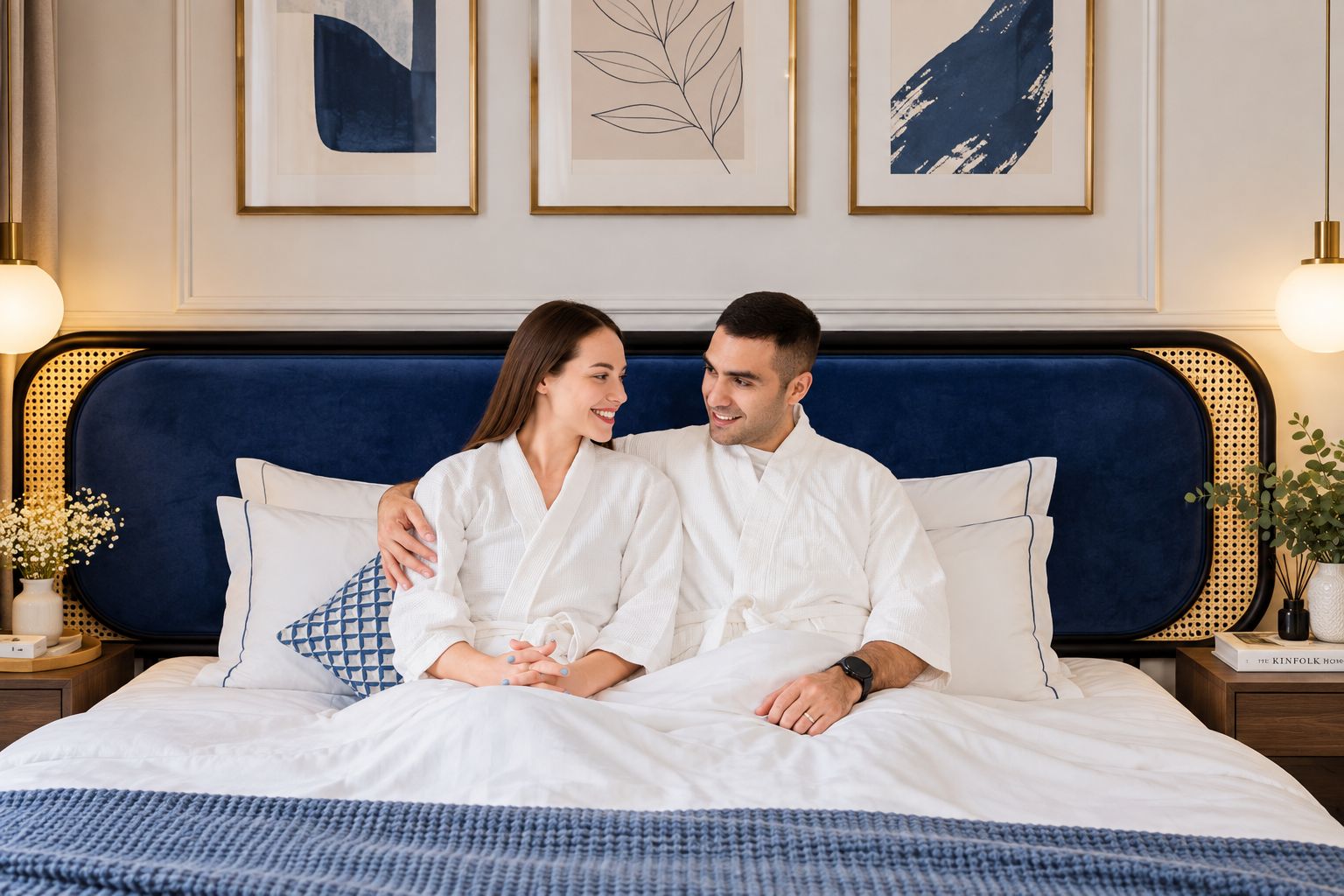 Una cama con ropa de cama blanca, un cabecero azul y un cojín decorativo.