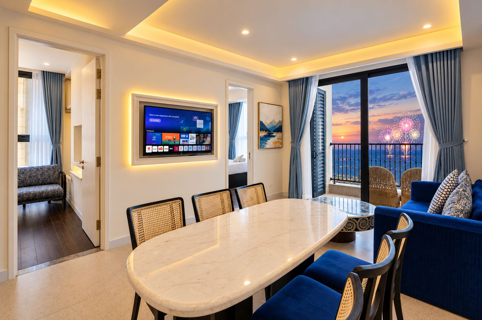 A modern hotel room with a dining area, a sofa set, a television, and a balcony with a sunset view.