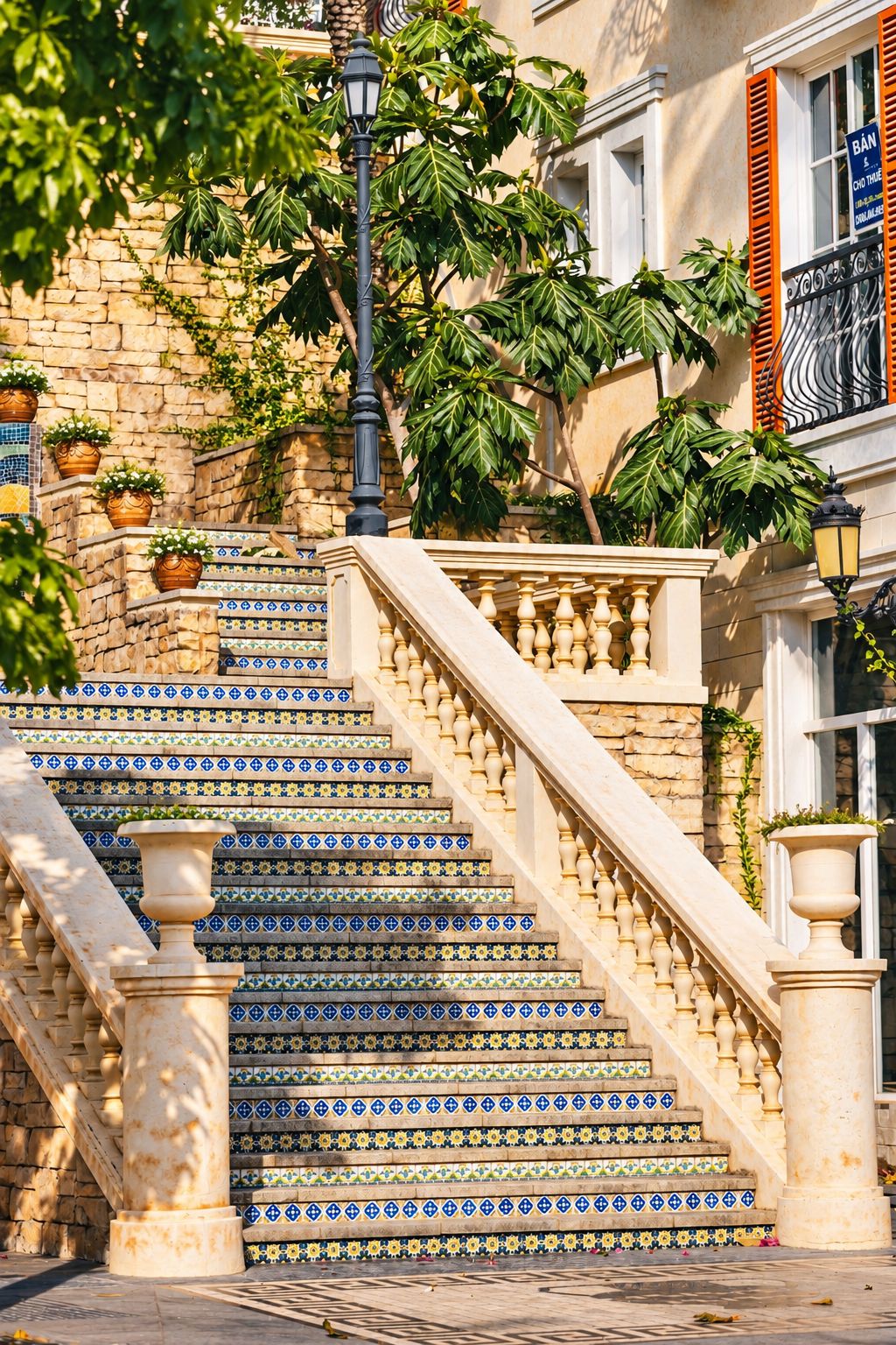 A staircase with blue and yellow patterned tiles, flanked by columns and a balustrade, leading to a building with a stone facade.
