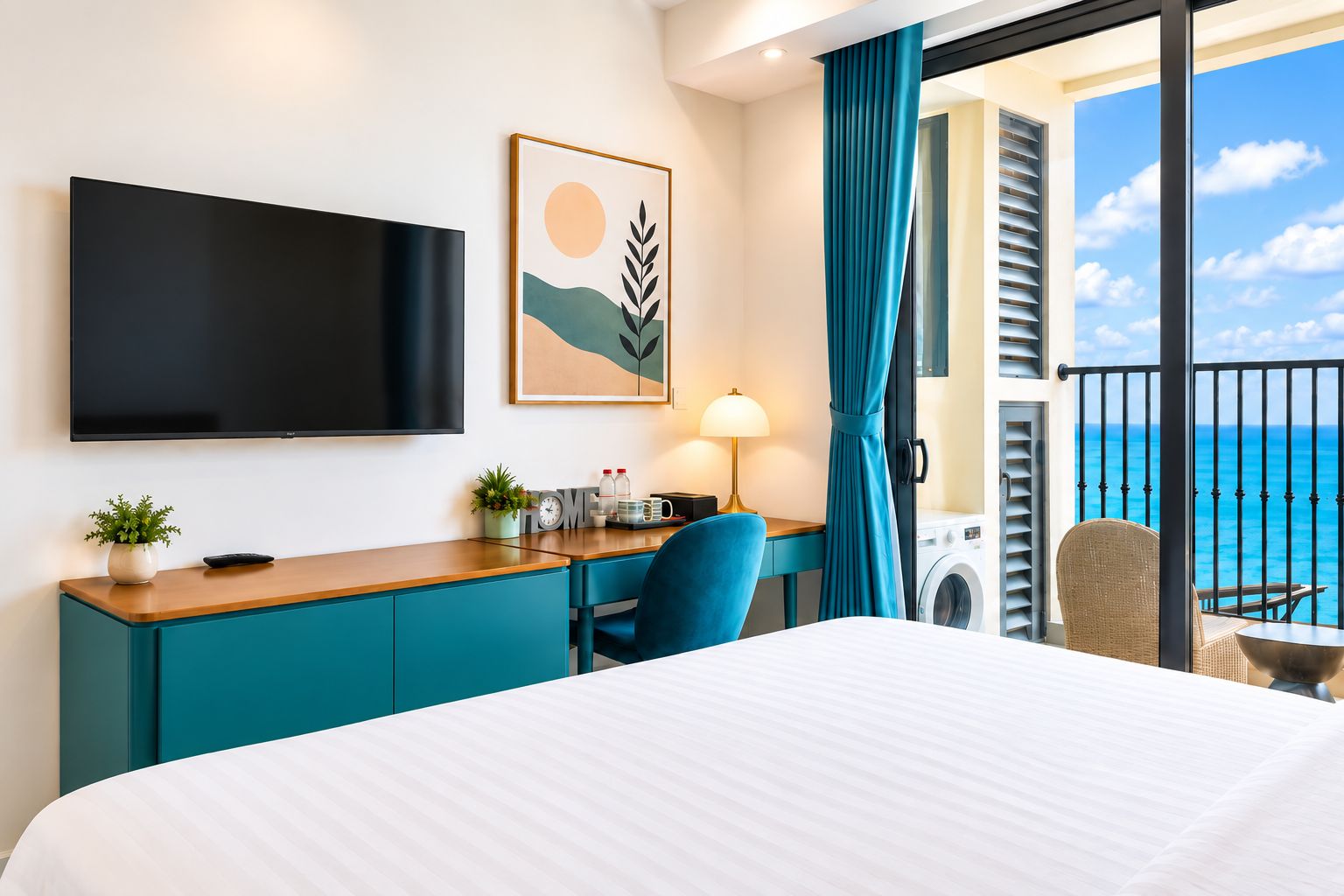Een hotelkamer met een bed, een bureau met stoel, een televisie, een schilderij, een lamp en uitzicht op de oceaan vanaf een balkon.