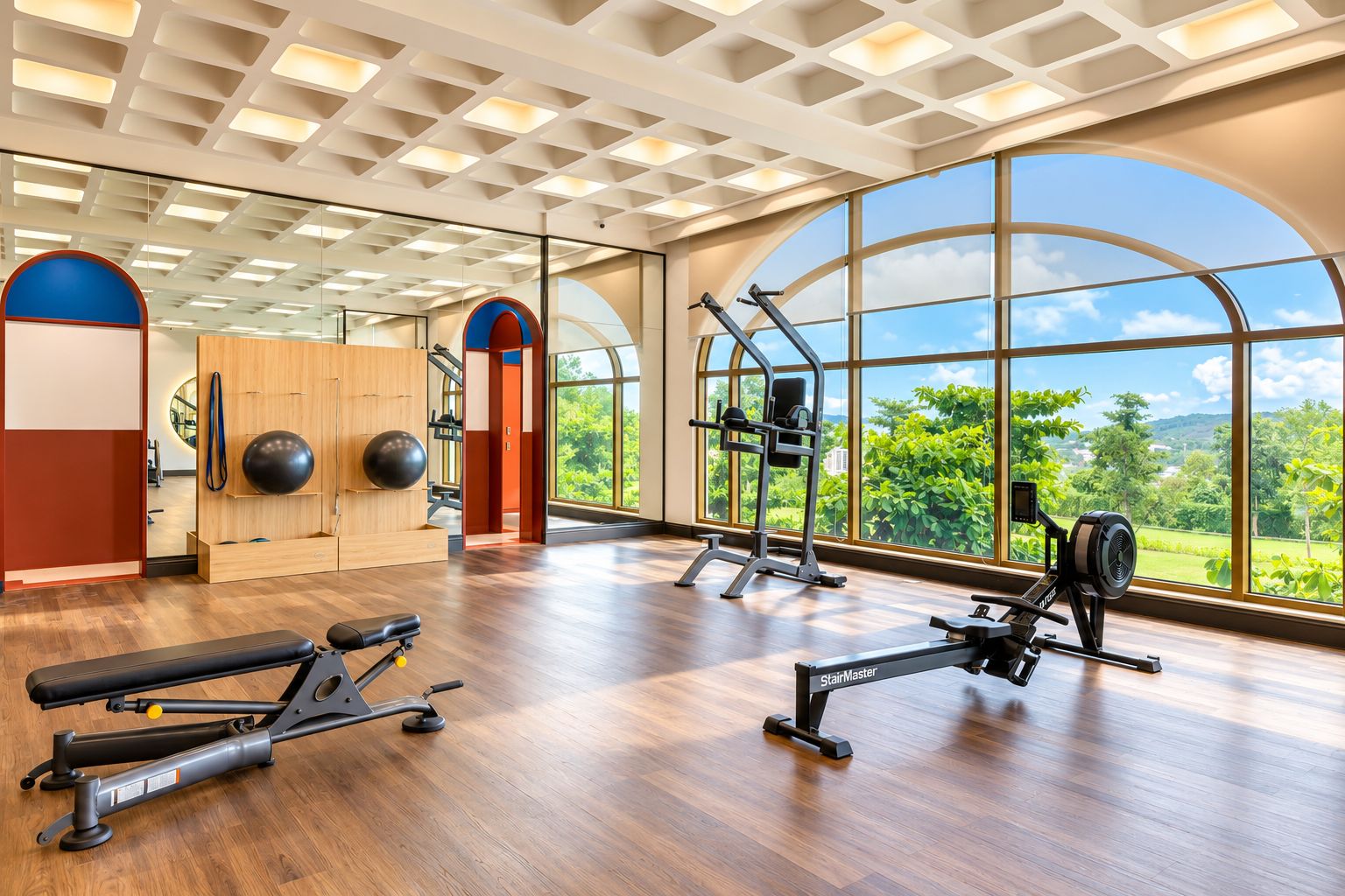 Une salle de sport spacieuse, dotée de grandes fenêtres, d’équipements d’exercice et d’un mur en bois orné de ballons d’exercice.