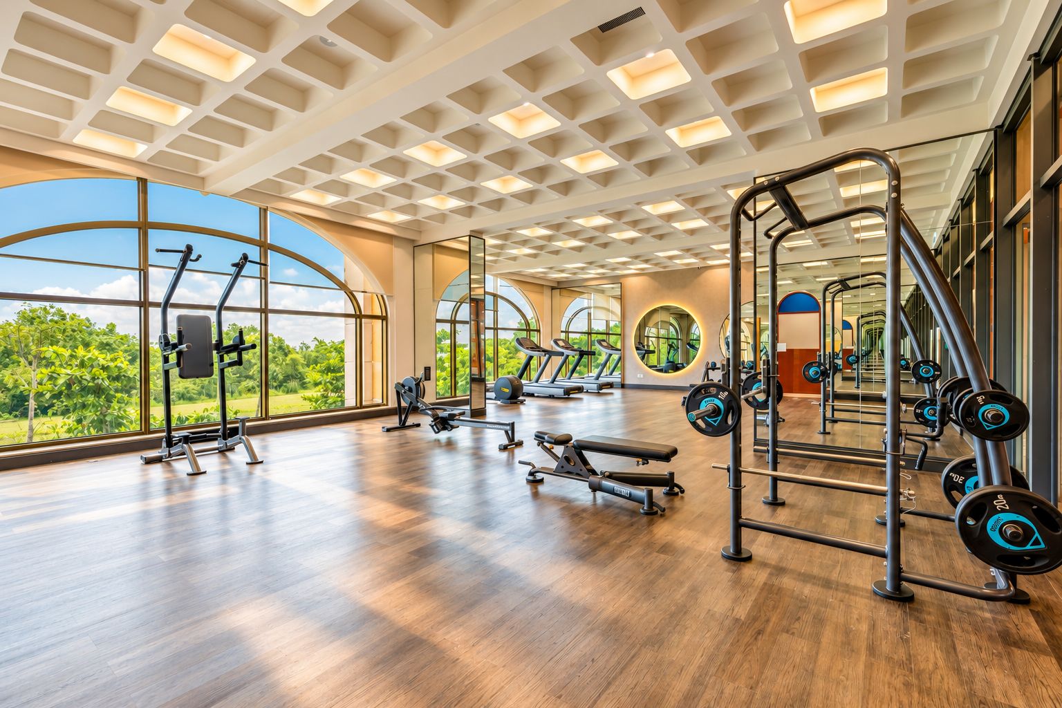 Un gimnasio amplio con diversos equipos de ejercicio, ventanas grandes y suelo de madera.