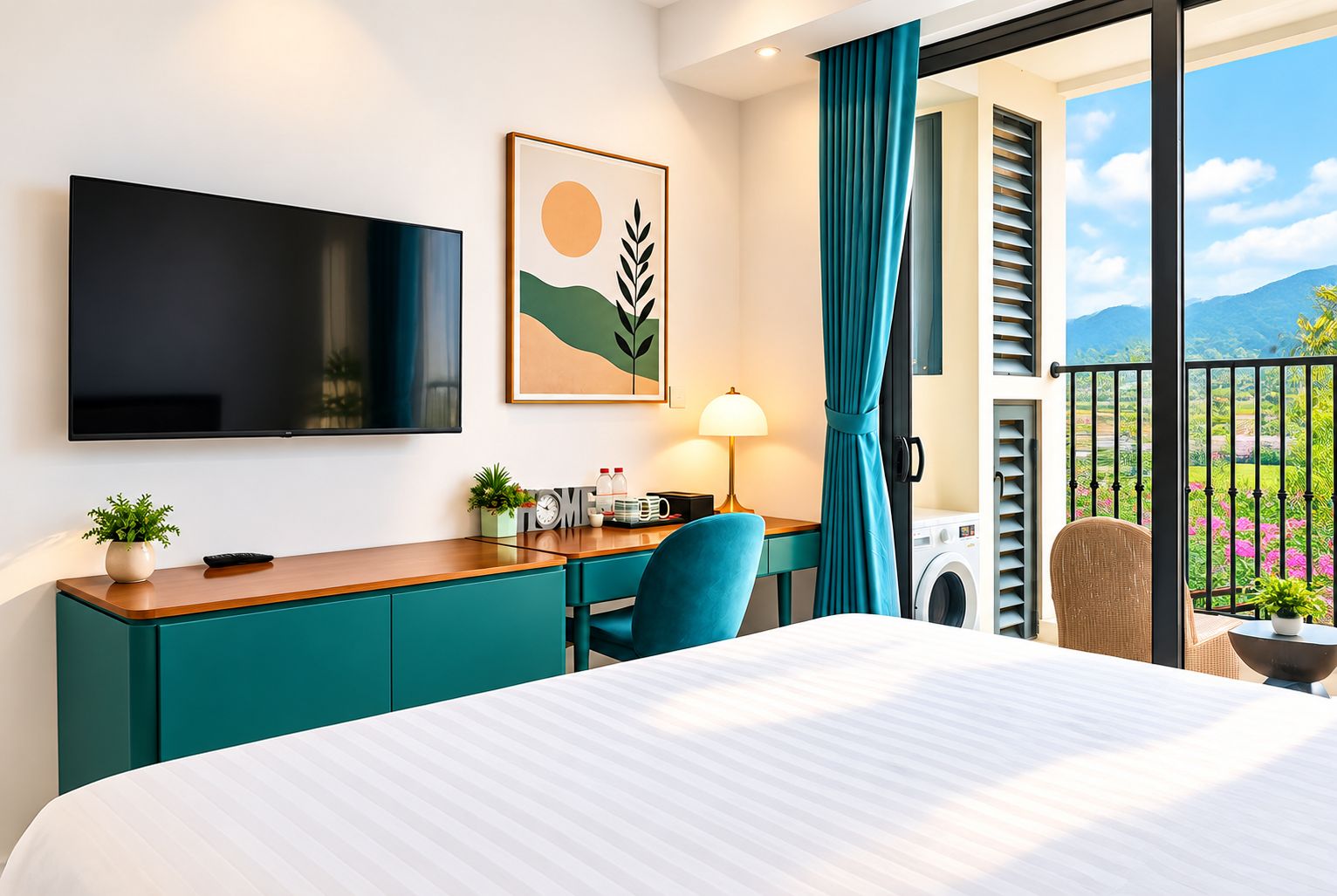 A hotel room with a bed, a desk with a chair, a TV, a painting, a lamp, a clock, a plant, and a view of a balcony with a washing machine.