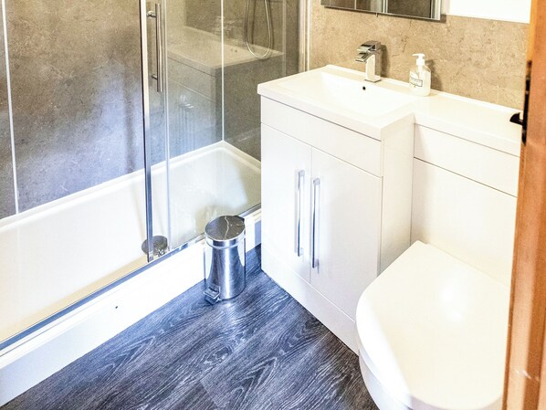 Une salle de bain moderne avec une douche à parois de verre, un lavabo blanc doté d’un distributeur de savon et des toilettes.