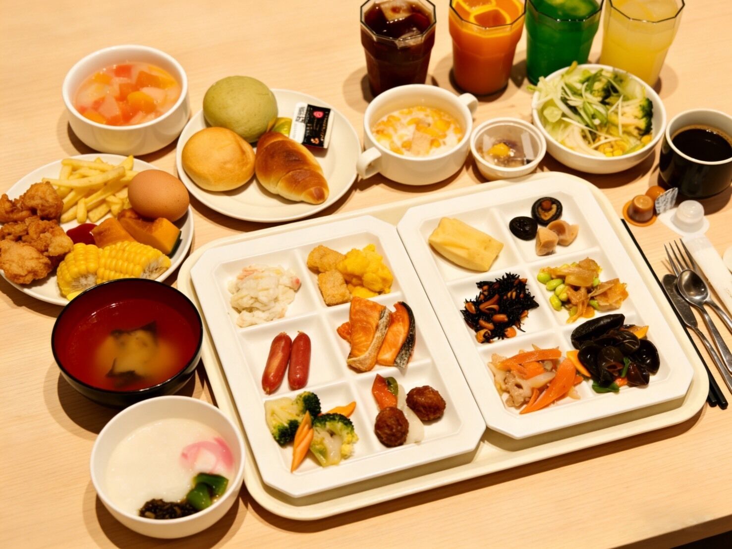 A variety of dishes including seafood, vegetables, and bread, served on a wooden table.