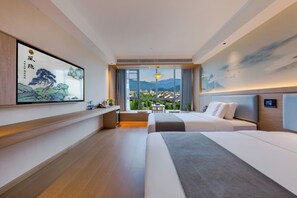 A modern hotel room with two beds, a desk, and a large window offering a city view. - Fengyin Tianjiao Smart Hotel (Chengdu)