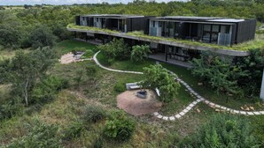 Un edificio moderno con techo plano, ventanas amplias y un jardín circundante.