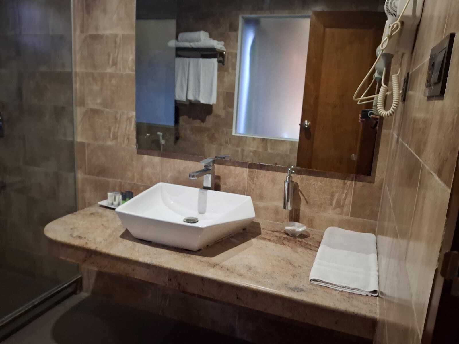 Une salle de bain avec un grand lavabo, un miroir et un porte-serviettes.