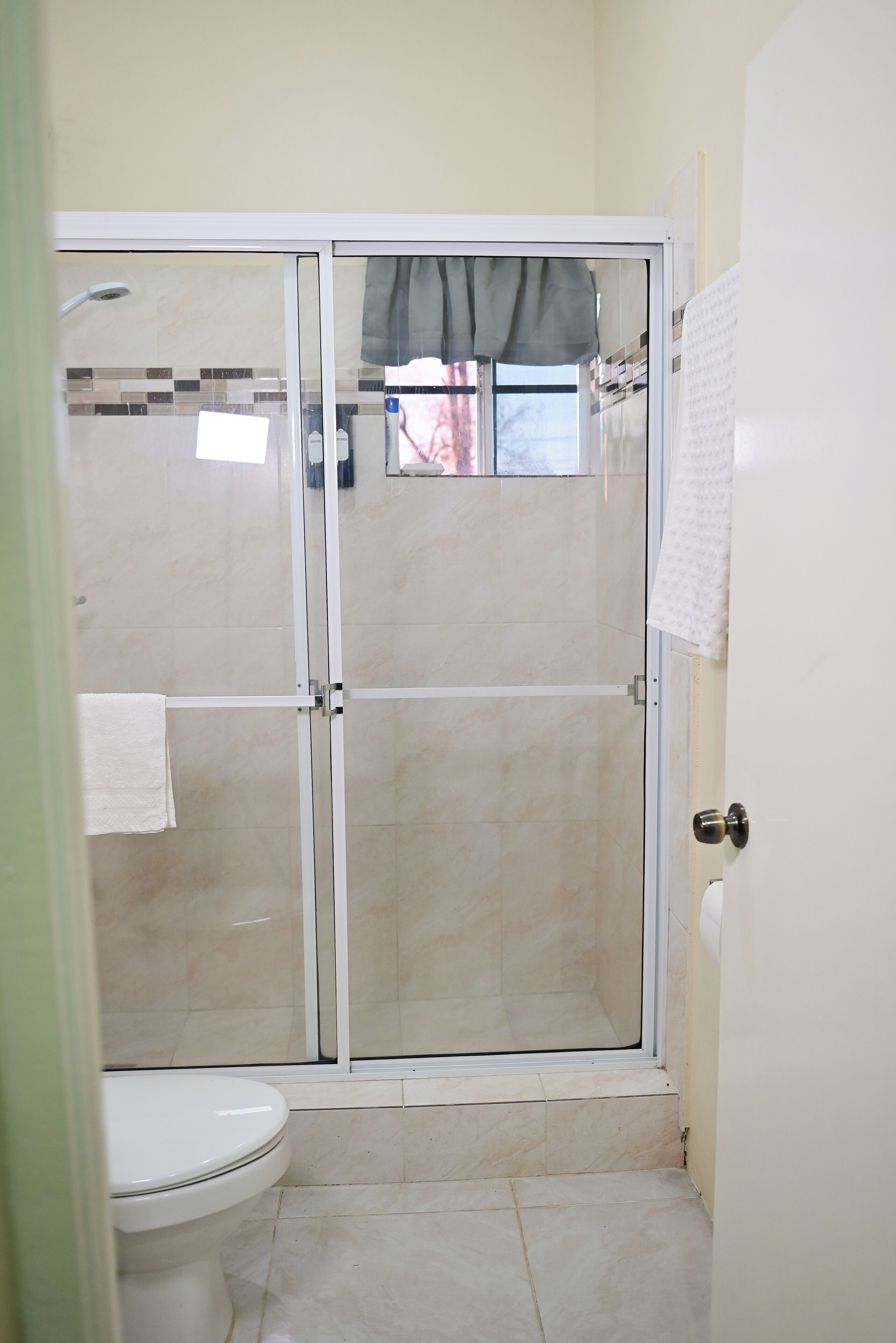 Een badkamer met een glazen douchecabine, een toilet en een handdoekrek.