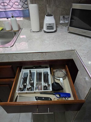 Fridge, microwave, stovetop, electric kettle