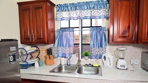 A kitchen with wooden cabinets, a double sink, a coffee maker, and a blender. - Gated Serenity: 5-Star Secure Studio in MoBay, 10-Min Drive to Beach! (Montego Bay)