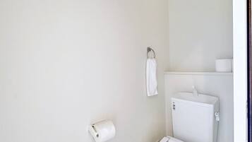 Shower, hair dryer, towels, shampoo