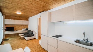 A modern kitchen with wooden cabinets, a built-in microwave, and a sink. - Glamping Malerič with Natural Pool (Črnomelj)