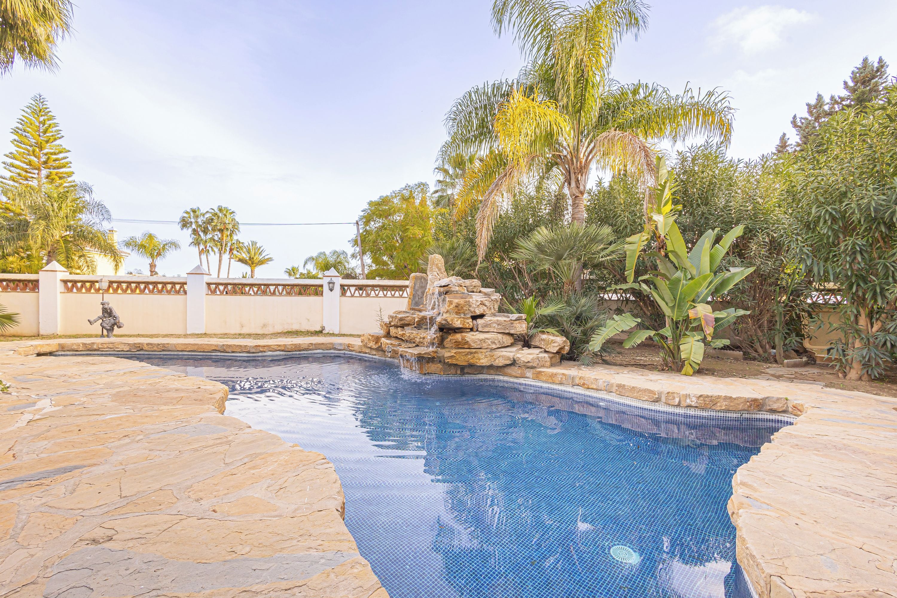 Una piscina con borde de piedra, rodeada de plantas tropicales y un elemento decorativo de rocas.