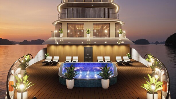 A luxurious yacht with a swimming pool, lounge chairs, and potted plants. - HALORA NOVA LUXURY CRUISE (Bai Chay)