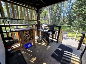Un espace extérieur abrité, équipé d’un barbecue, d’une pile de bois de chauffage et offrant une vue sur une forêt.