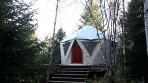 A forested area with a tent-like structure featuring a red door and steps leading up to it.