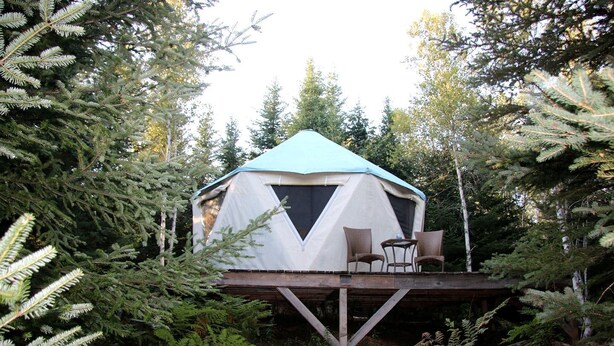 A geodesic dome tent with a platform and chairs, surrounded by dense forest.