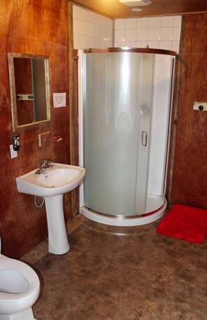 A bathroom with a white pedestal sink, a toilet, and a glass-enclosed shower. - Luxurious Woodland Cabin in Nova Scotia (Baddeck)